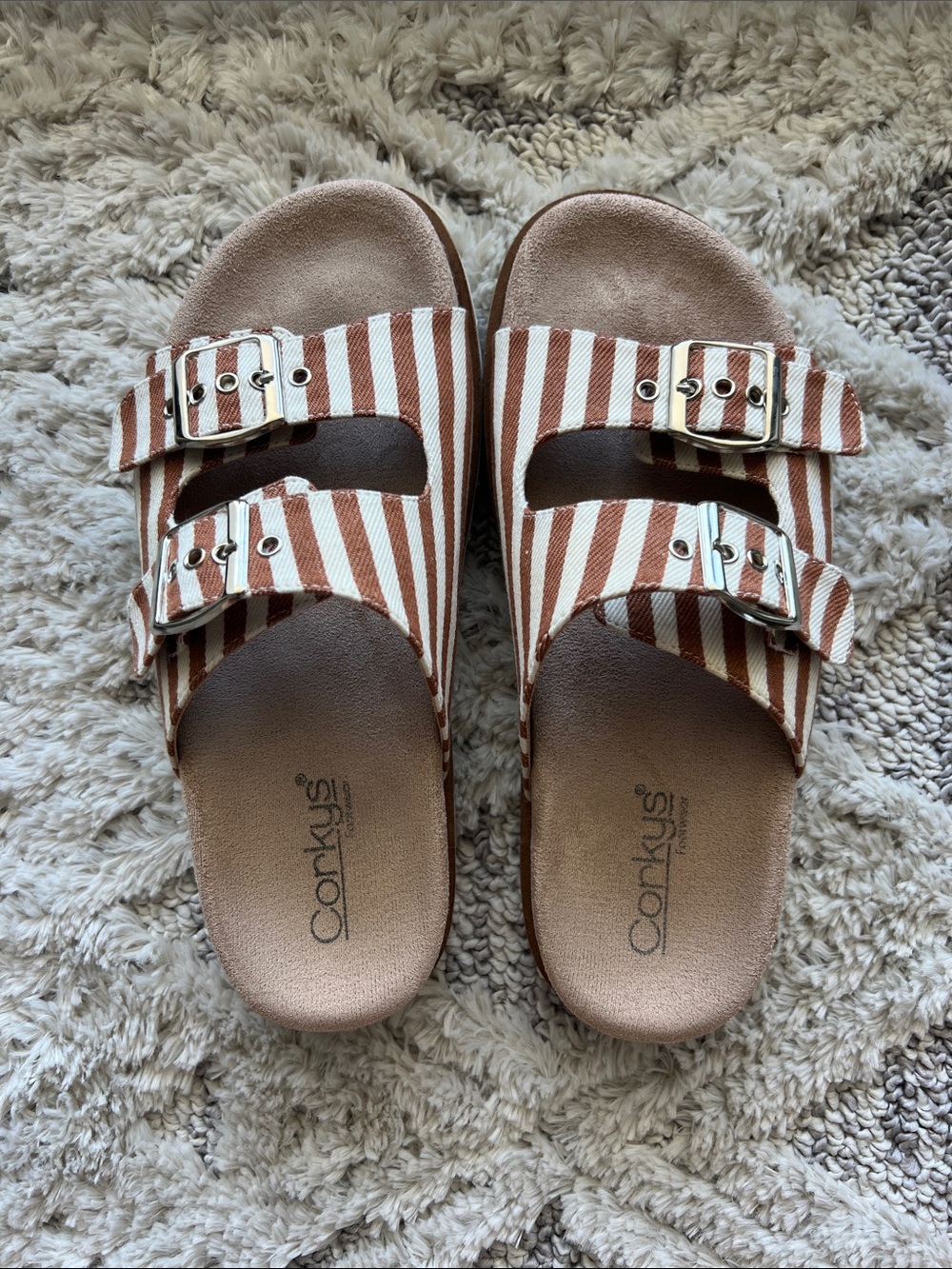 Corkys Women’s Two-Buckle Striped Sandals in Brown & White